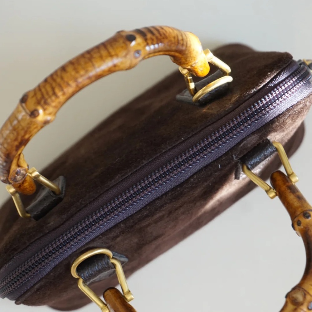 “Gucci” 80’s Brown Suede Mini Vintage Bamboo Handbag - Picture 4 of 10